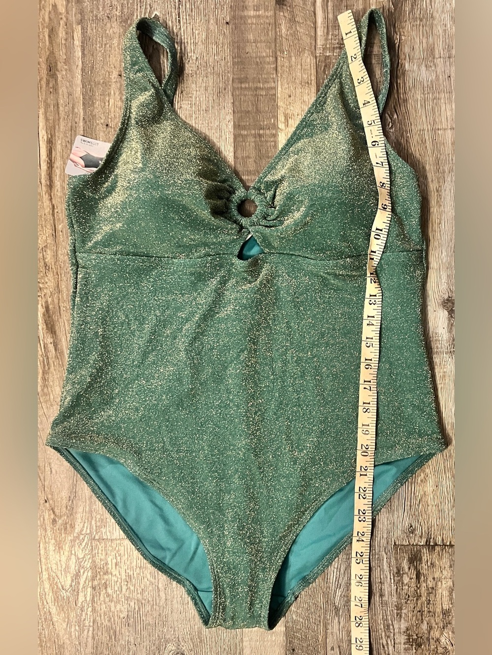 Women’s Front Knot Cut- Out One Piece Swimsuit 16/18 Green Metallic Shimmer - Picture 7 of 7